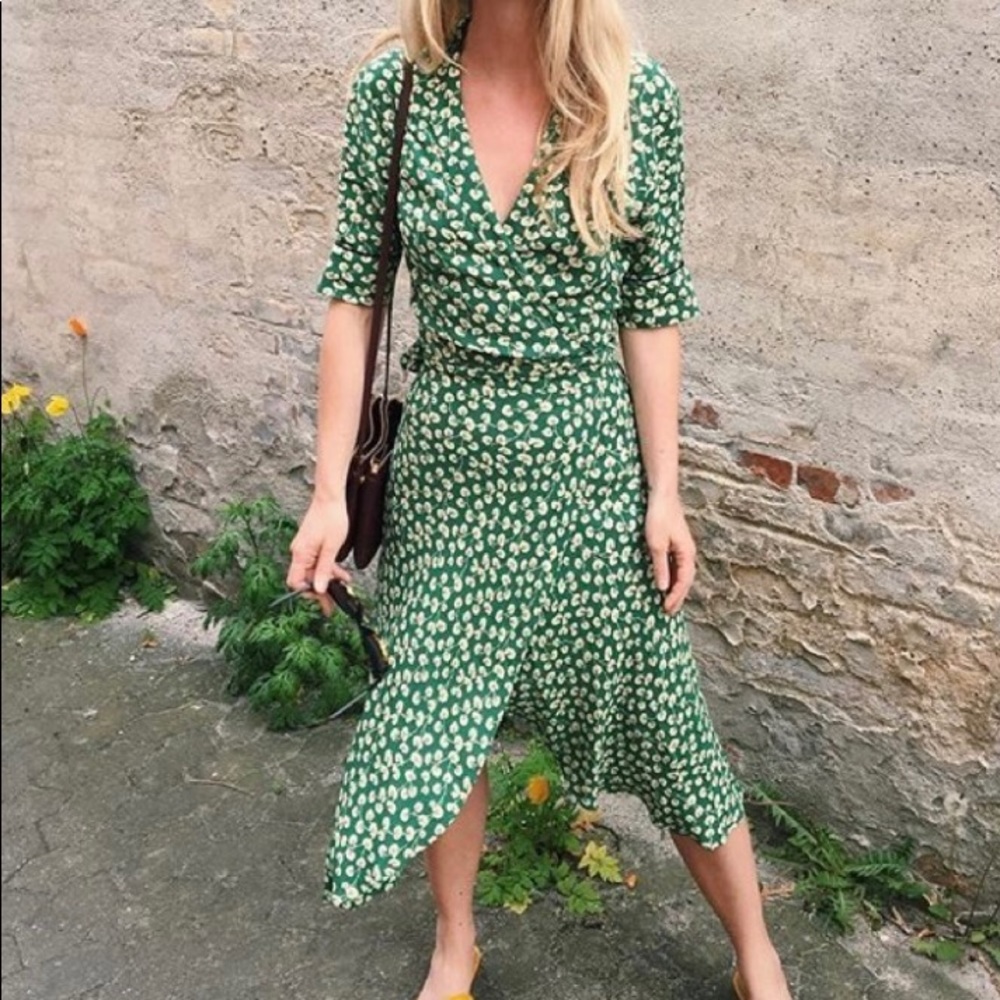 GANNI floral green and white dalton crepe wrap dress size 00